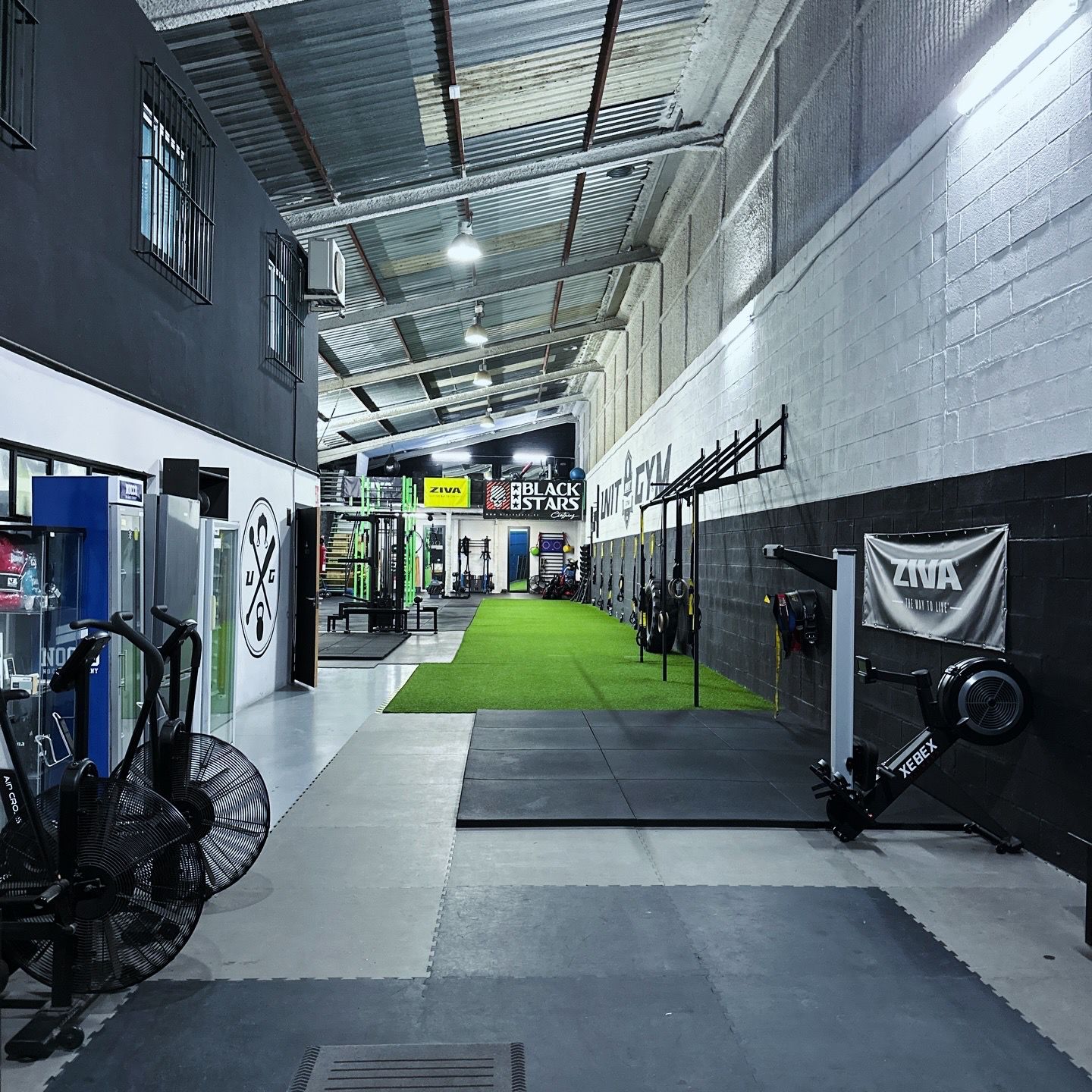 Sala principal de UNIT Gym con césped y rig